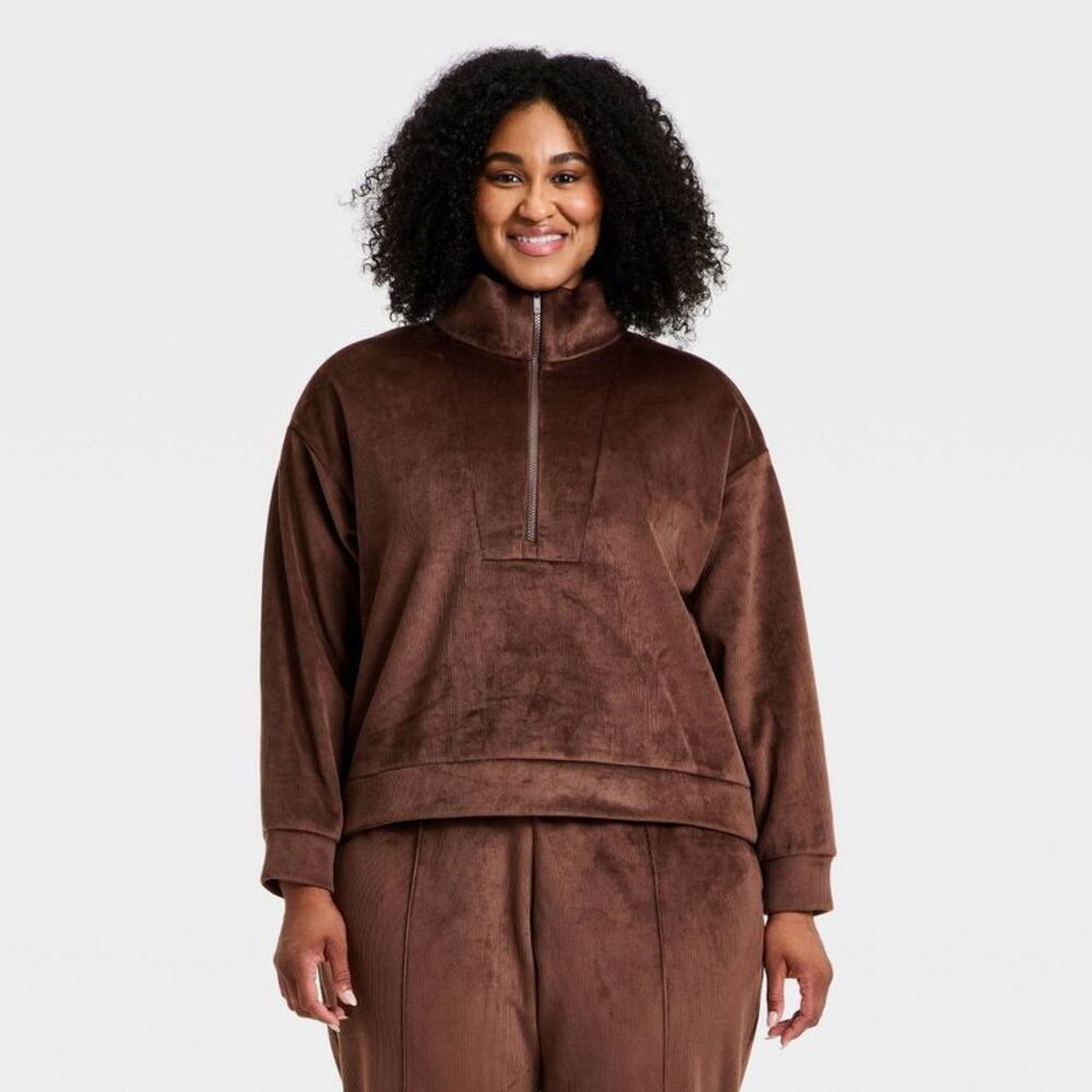All In Motion - Women's Velour Ribbed 1/2 Zip Sweatshirt - All In  Brown